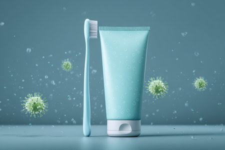 A turquoise toothpaste tube and soft toothbrush sit against a pale backdrop, surrounded by floating microbes, highlighting cleanliness.の素材