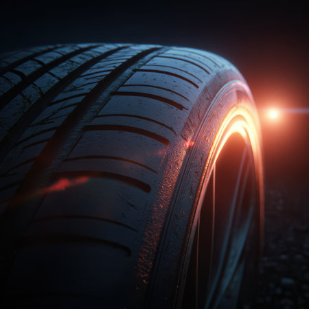 A tire rests on a dark surface, illuminated by a warm glow, highlighting its intricate tread and rubber texture.の素材