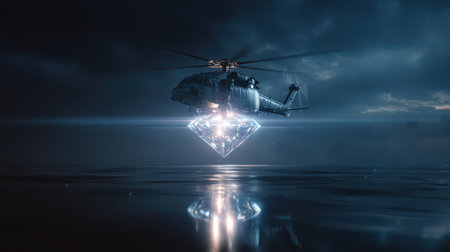 A helicopter hovers gracefully, lowering a brilliant diamond toward a reflective surface beneath a dramatic twilight sky.の素材