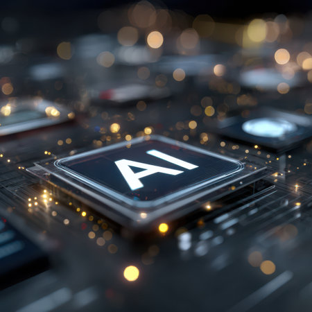 A close-up view showcases a glowing AI symbol on a circuit board, surrounded by dazzling lights and connected elements.の素材