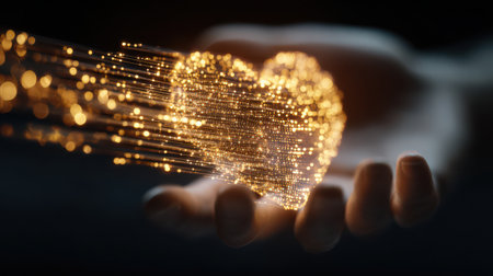 A hand extends forward as glowing particles form a heart shape, symbolizing love and connection in a dark setting.の素材