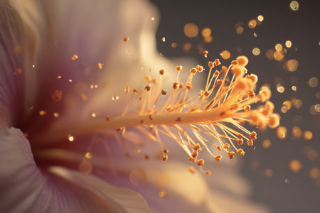 A close-up of a hibiscus flower reveals its stunning petals and intricate stamen, illuminated by gentle light, creating a magical atmosphere.の素材