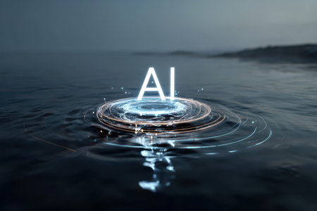 Bright letters form the words AI as they create ripples on calm water during twilight, symbolizing technological advancement and creativity.の素材