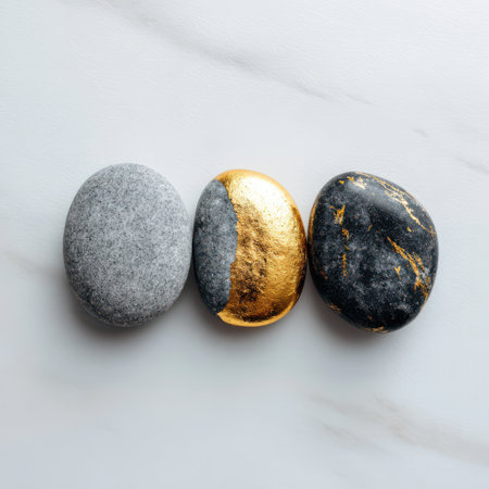Three uniquely shaped stones rest on a white background, showcasing smooth textures and golden highlights that enhance their beauty and charm.の素材