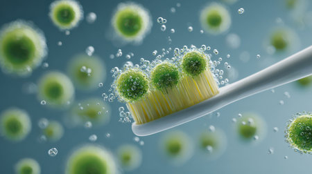 A close-up view showcases a toothbrush covered in vibrant green bacteria, surrounded by bubbles in a fresh setting, highlighting oral hygiene.の素材