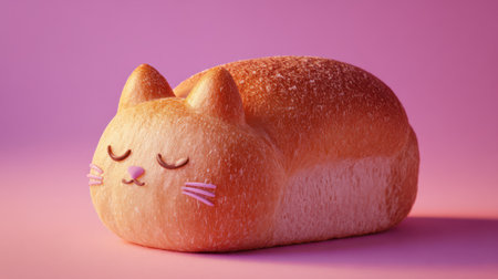 A cozy scene showcases a cat-shaped loaf of bread resting peacefully on a pastel surface, radiating warmth and creativity.の素材