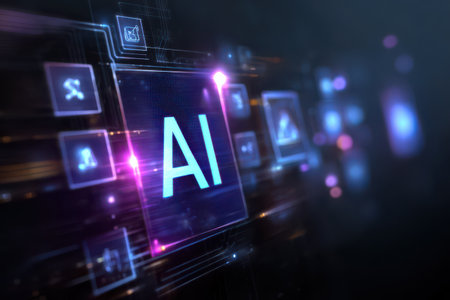 An intricate network of glowing circuits highlights the concept of artificial intelligence in a dynamic digital space.の素材