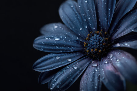 Delicate blue flower petals showcase shimmering droplets of water, illuminated by soft dusk light. Nature's beauty radiates in quiet elegance.の素材