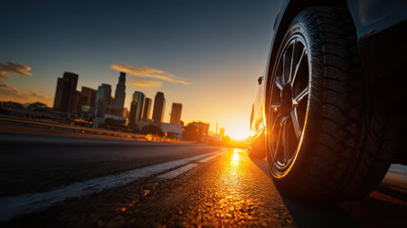 Golden rays illuminate a city road as a car stands still, showcasing an urban skyline at sunset, creating a serene atmosphere.の素材