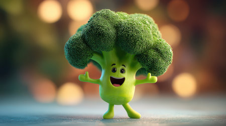 A lively broccoli character with a smiling face stands joyfully, encouraging healthy eating while surrounded by bright, colorful lights.の素材