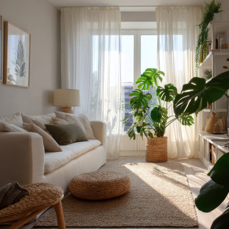 Sunlight pours into a warm and inviting living room, highlighting a comfy sofa and thriving plants in woven pots.の素材