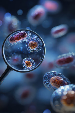 A close-up view of vibrant bacteria through a magnifying glass reveals their intricate structures and colors in a lively setting.の素材