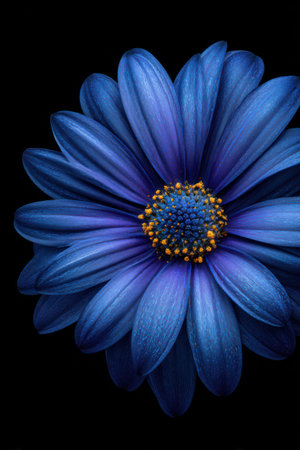 A striking blue flower with vibrant petals and a golden center stands out beautifully against a dark background.の素材