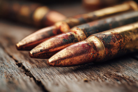 Three weathered bullets lie on an aged wooden table, showcasing intricate details of rust and wear that tell stories of the past.の素材