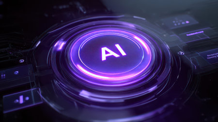 An intricate AI control panel glows with purple light, showcasing modern technology and future possibilities in a sleek design.の素材