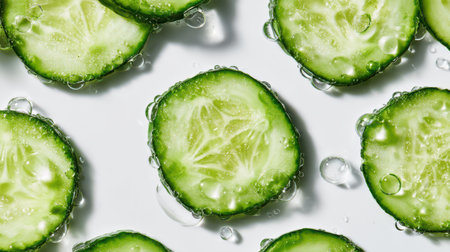 Bright green cucumber slices lay flat on a clean surface, enhanced by glistening droplets of water for a fresh, vibrant look.の素材