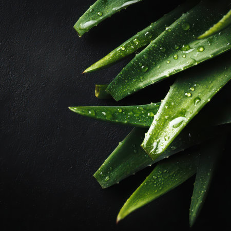 Freshly cut aloe vera leaves rest on a dark surface, their vibrant green color shining with droplets of water, symbolizing freshness.の素材
