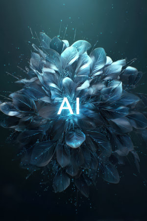 A vibrant blend of blue leaves swirls together, forming an eye-catching display that highlights AI.の素材