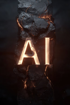 Bright letters shine through a rugged stone backdrop, creating a striking contrast that symbolizes innovation and progress in technology.の素材