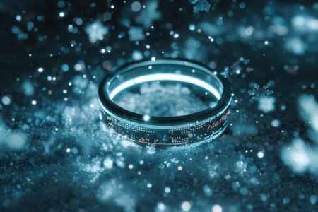 A luminous ring shines brightly amidst falling snowflakes on a serene winter night, creating a magical atmosphere of tranquility and wonder.の素材