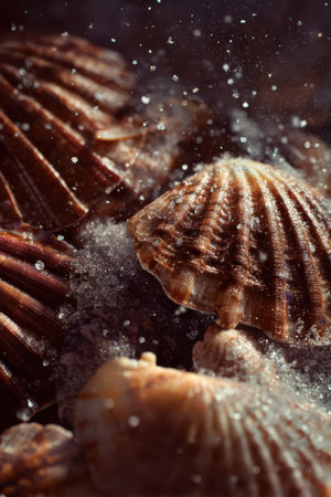 Delicate sea shells rest among grains of soft sand, glistening under gentle ocean waves, capturing nature's beauty at the shore.の素材