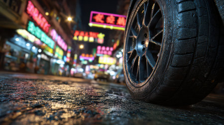 A close-up view of a tire resting on wet pavement, illuminated by colorful neon signs in a lively urban night scene.の素材