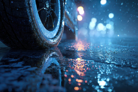 Raindrops cascade down as a car tire rolls through wet streets, creating beautiful reflections under city lights at night.の素材