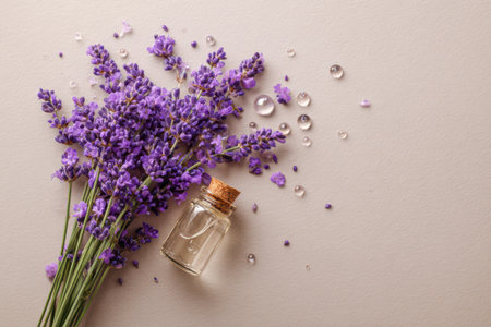 A lovely bunch of lavender stems rests beside a tiny glass bottle, glistening dew drops scattered around, creating a serene atmosphere.の素材