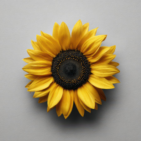 A stunning sunflower displays its vibrant yellow petals and rich black center on a gentle gray surface, radiating warmth and beauty.の素材