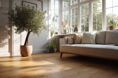 Sunlight filters through large windows, illuminating a comfortable room with an olive tree and soft furnishings inviting relaxation.の素材