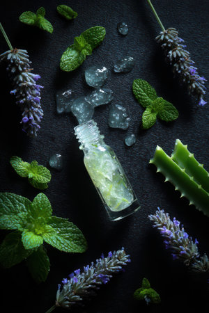 A small glass container filled with a refreshing herbal blend rests among fresh mint and lavender sprigs, highlighting nature's calming beauty.の素材