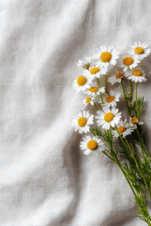 Tiny white and yellow wildflowers sit gracefully on a soft, neutral fabric. Their simple beauty brings a sense of calm and freshness to the setting.の素材
