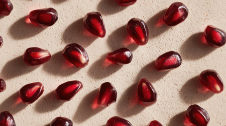 Clusters of radiant red seeds lie on a neutral background, their glossy surfaces reflecting soft light, showcasing nature's beauty.の素材