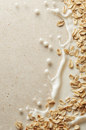 Creamy milk cascades over crunchy oats, blending beautifully on a smooth, light surface. A heartwarming start to the day.の素材