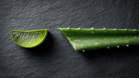 Bright green lime slice sits beside a long aloe vera leaf on a dark stone surface, highlighting their freshness and textures.の素材