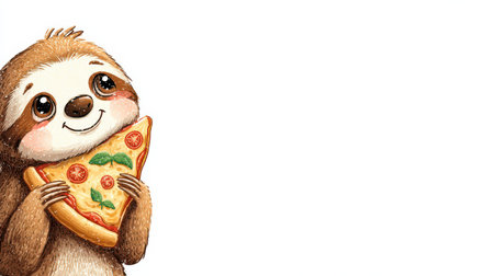 A cheerful sloth holds a slice of pizza close, showcasing its love for this tasty treat while displaying a playful smile.の素材