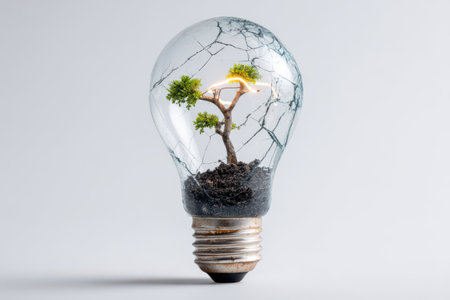 A broken light bulb reveals a small tree growing within, highlighting the connection between technology and nature.の素材