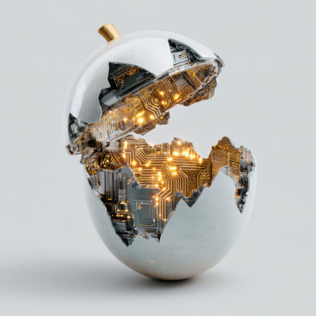 A cracked metallic egg opens to reveal intricate golden circuits, symbolizing innovation and technology, placed against a minimalist backdrop.の素材