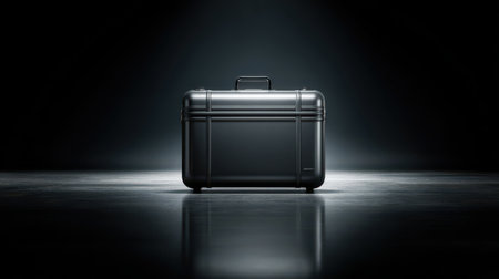 A sleek black suitcase stands alone under soft light, casting reflections on the glossy floor, evoking curiosity and intrigue.の素材