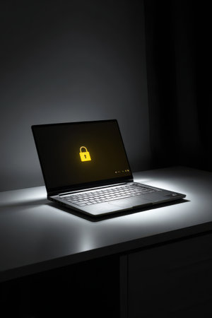 A sleek laptop rests on a table, illuminated softly by its screen, showcasing a lock icon to suggest security and privacy during night hours.の素材