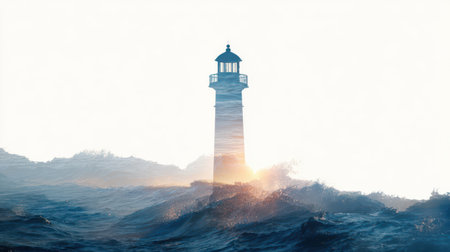 A stunning lighthouse illuminates the evening sky as powerful waves crash around it, creating a serene yet dramatic scene.の素材