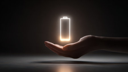 A glowing battery symbol hovers above a person's open hand, casting a warm light in a shadowy environment, symbolizing energy and potential.の素材
