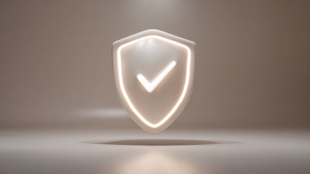 A sleek shield with a checkmark glows softly, representing security and assurance in a contemporary environment bathed in neutral tones.の素材