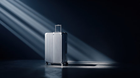 Soft beams of light illuminate a modern silver suitcase on a dimly lit floor, creating an intriguing atmosphere that invites exploration.の素材