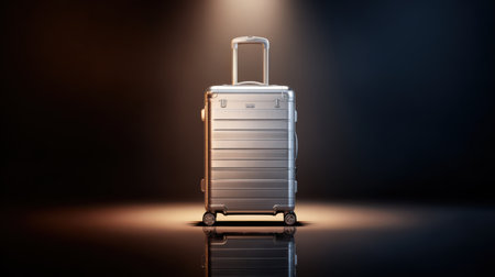 A shiny silver suitcase stands alone under soft lighting, reflecting its design on the dark glossy floor, ready for adventure.の素材