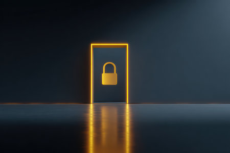 A softly illuminated locked door stands in a dark room, creating an intriguing atmosphere filled with mystery.の素材