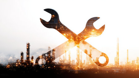 Tools outline blends with a refinery backdrop during sunset, showcasing industrial progress and creativity in a dynamic urban landscape.の素材