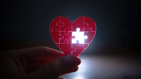 A hand holds a heart-shaped puzzle with a missing piece, illuminated from within, symbolizing love's completeness and connection.の素材