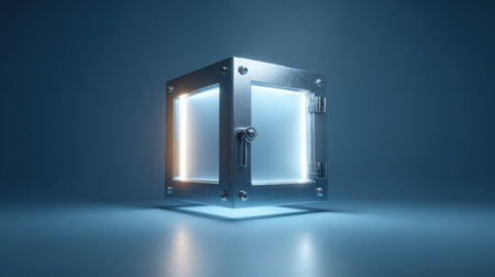 A captivating cube glows softly in a dark environment, showcasing its metallic frame and illuminated edges. It creates an aura of intrigue.の素材