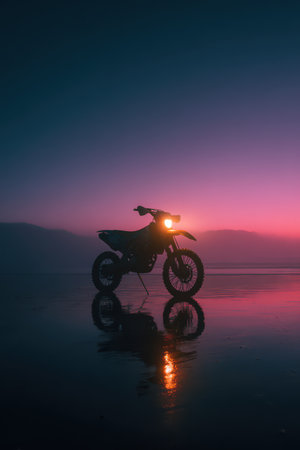 A lone motorcycle stands still on wet sand, reflecting the stunning colors of the sunset over the calm ocean, creating a serene atmosphere.の素材